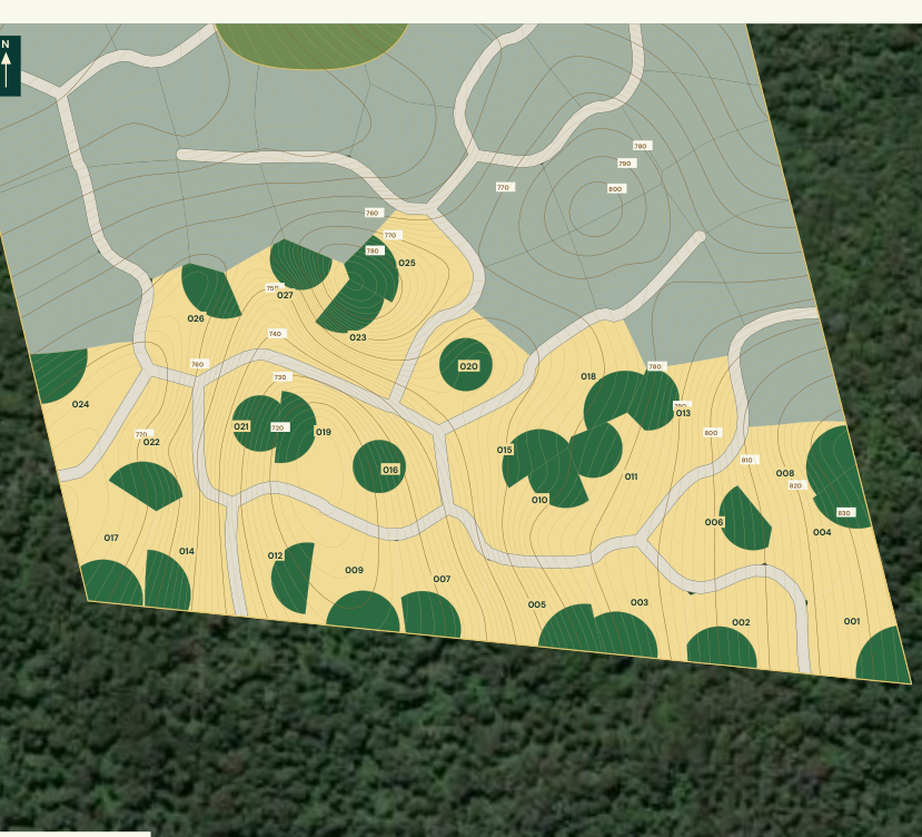 Plano topográfico R27 del sector 01, con parcelas y curvas de nivel